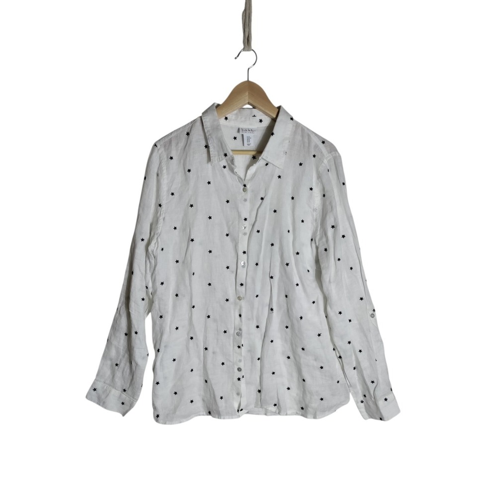 Nicole Miller White Linen Star Embroidered Long Sleeve Button Front Size XL